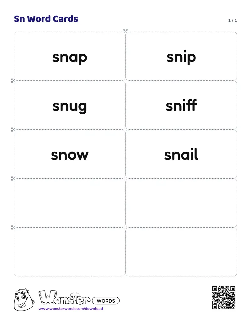 The Sn Word Cards worksheet: 6 cards