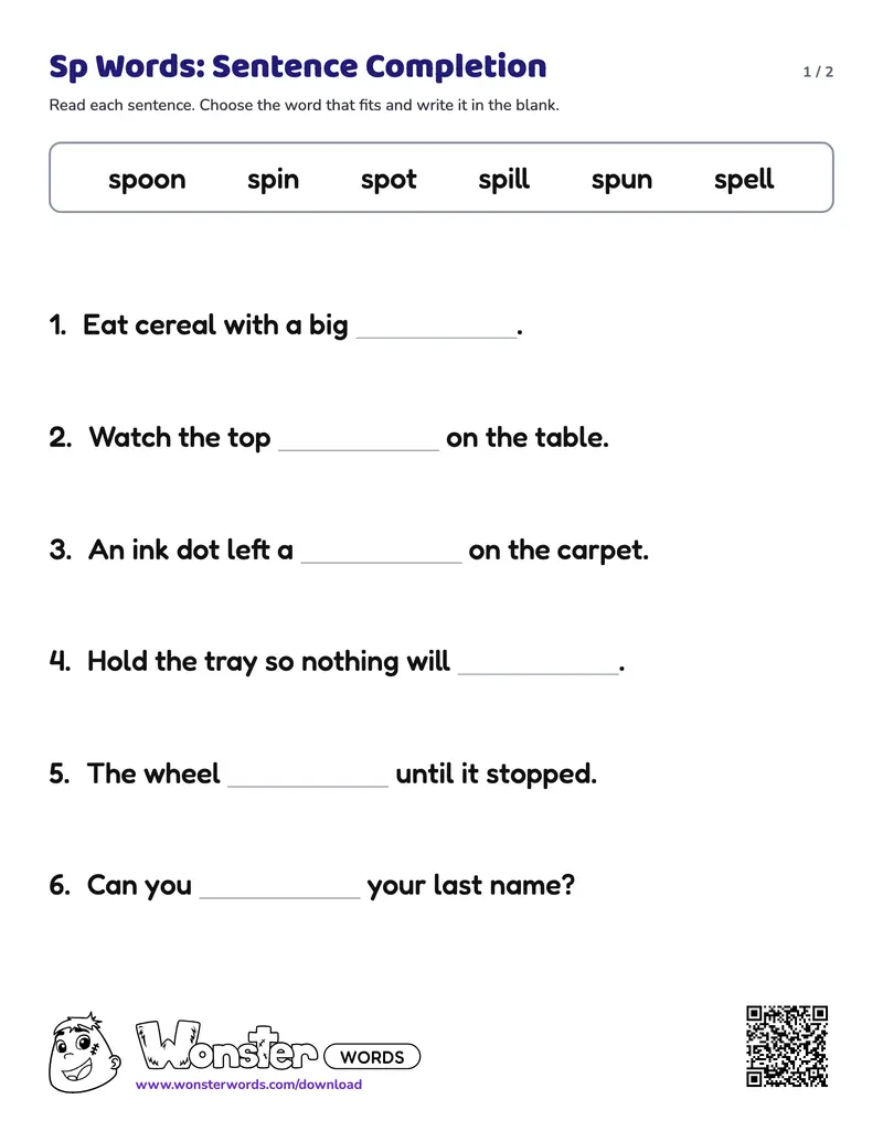 Page 1 of the Sp Words: Sentence Completion worksheet (2 pages): 6 sentences, answer key included