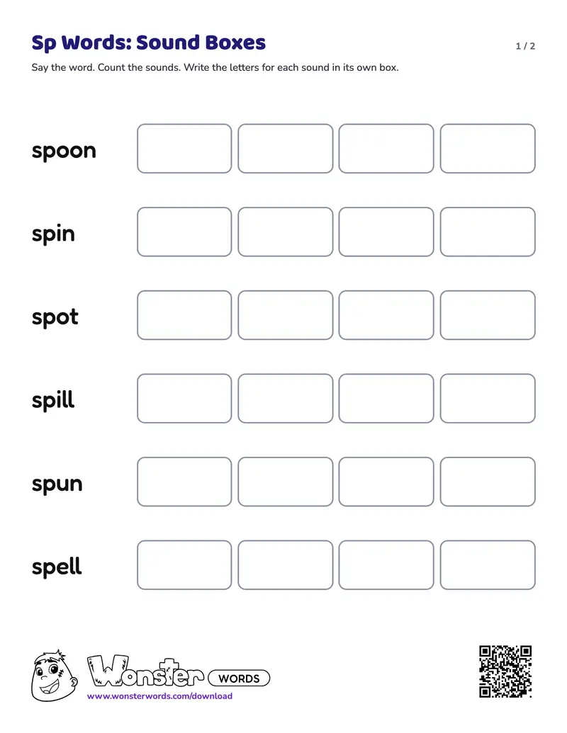 Page 1 of the Sp Words: Sound Boxes worksheet (2 pages): 6 words, answer key included