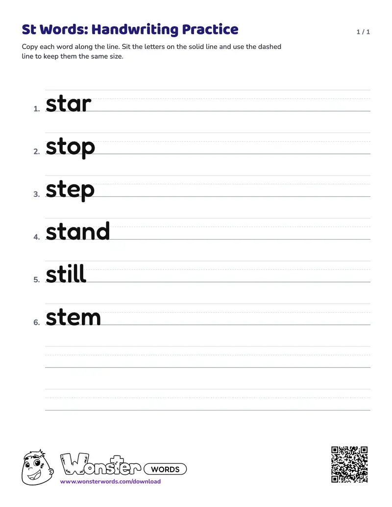 The St Words: Handwriting Practice worksheet: 6 words