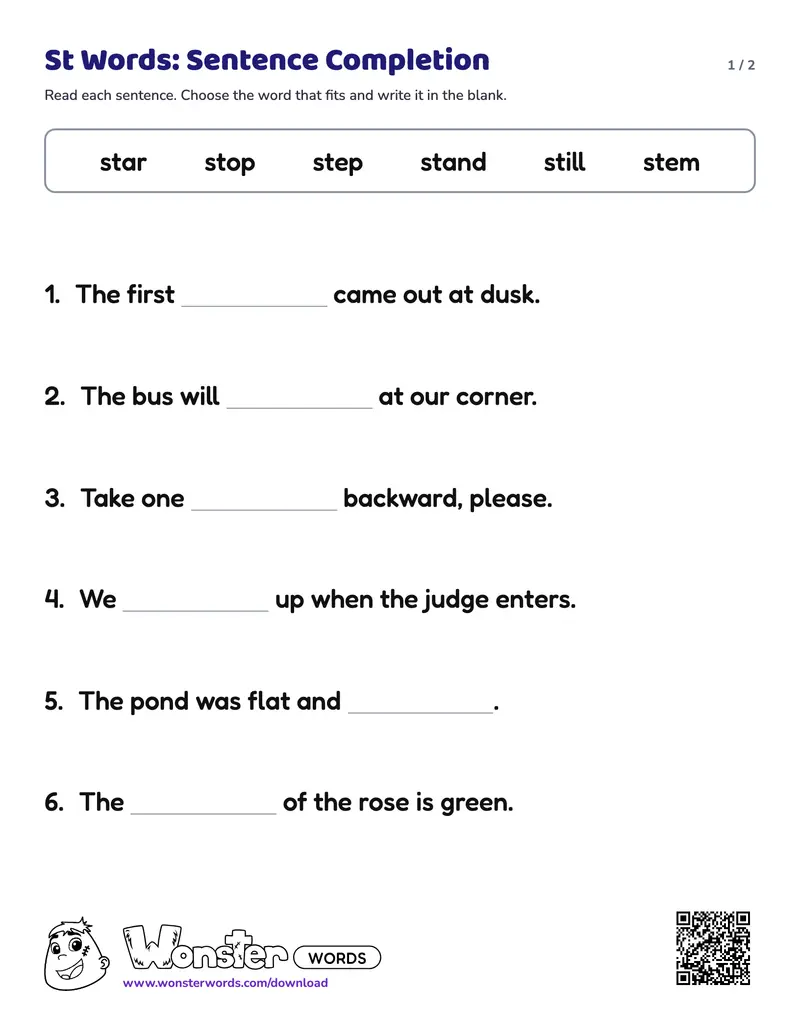 Page 1 of the St Words: Sentence Completion worksheet (2 pages): 6 sentences, answer key included