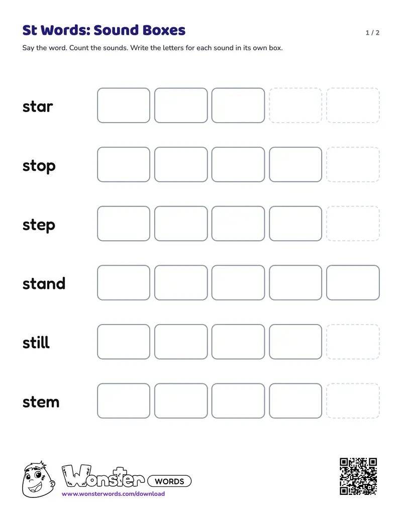 Page 1 of the St Words: Sound Boxes worksheet (2 pages): 6 words, answer key included