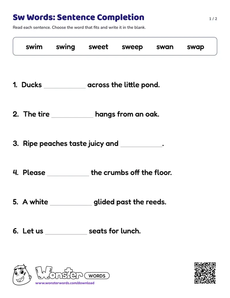 Page 1 of the Sw Words: Sentence Completion worksheet (2 pages): 6 sentences, answer key included