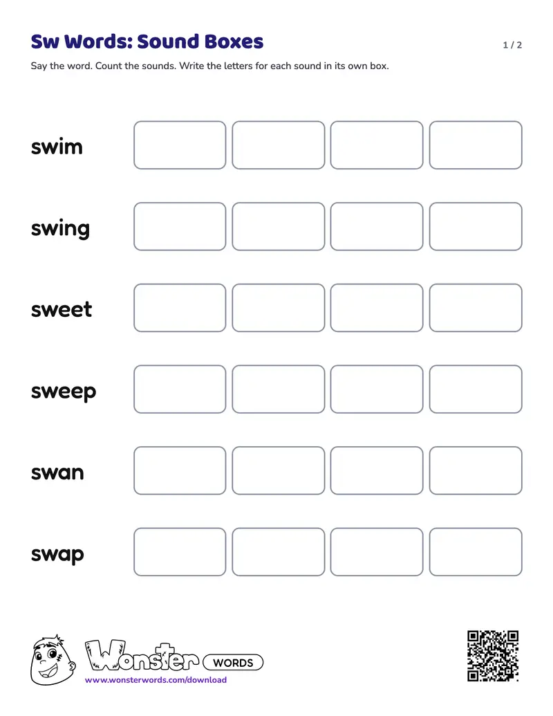 Page 1 of the Sw Words: Sound Boxes worksheet (2 pages): 6 words, answer key included