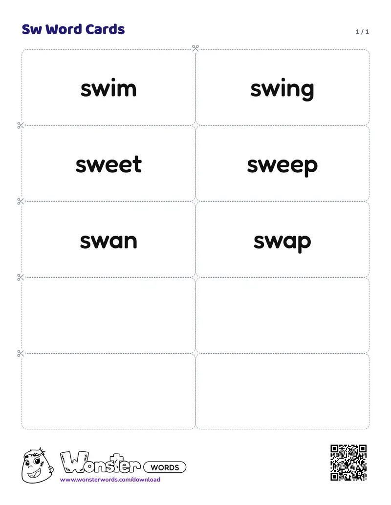 The Sw Word Cards worksheet: 6 cards