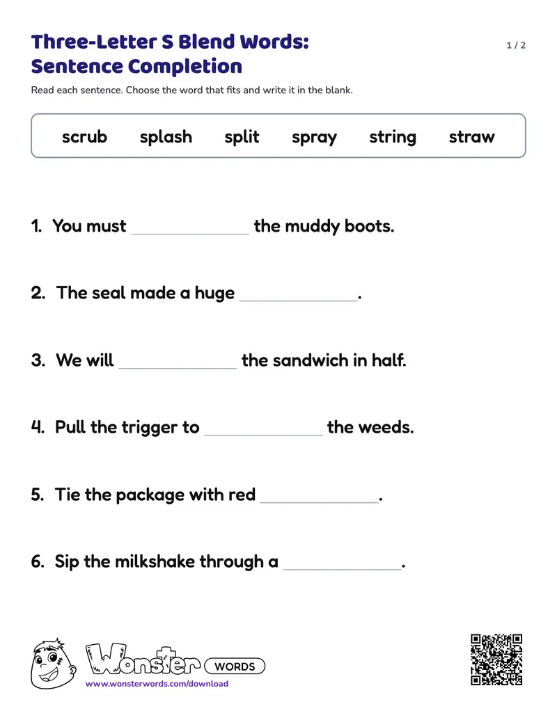 Page 1 of the Three-Letter S Blend Words: Sentence Completion worksheet (2 pages): 6 sentences, answer key included