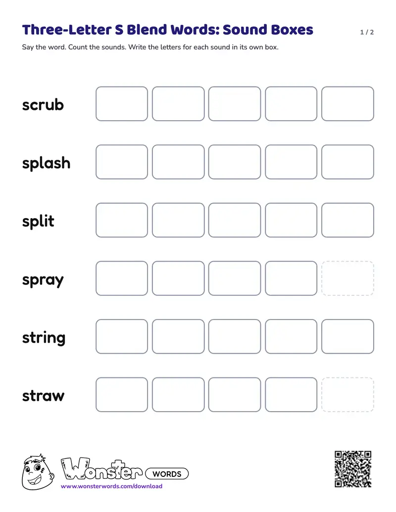 Page 1 of the Three-Letter S Blend Words: Sound Boxes worksheet (2 pages): 6 words, answer key included