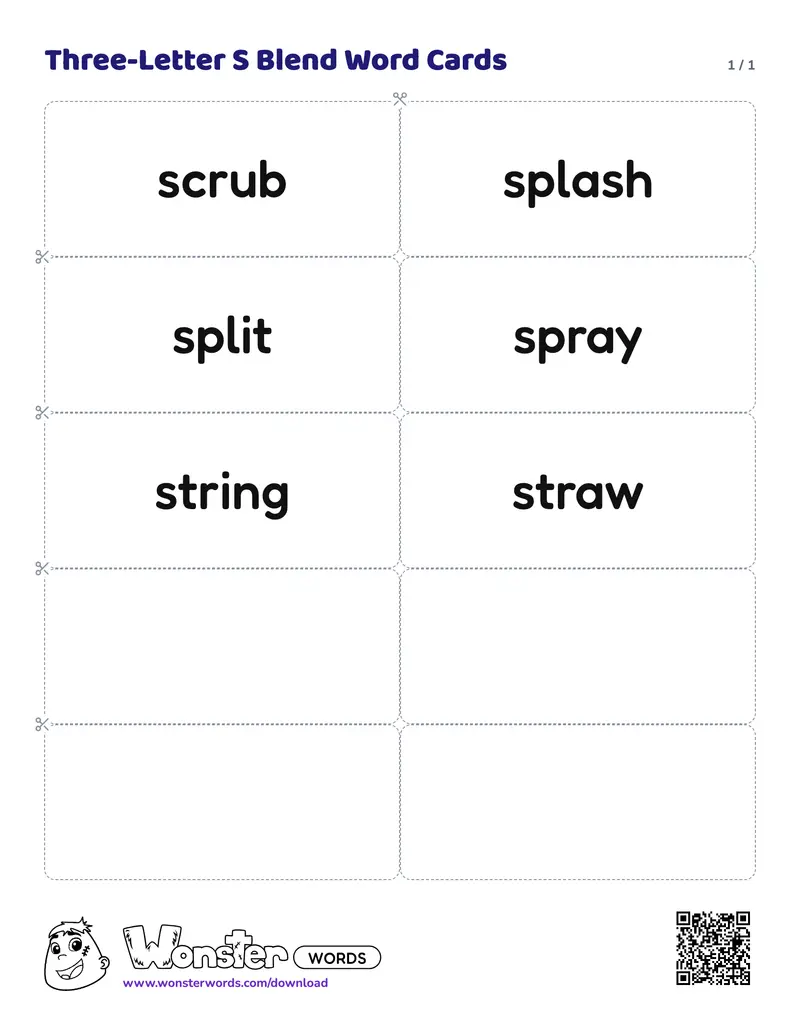 The Three-Letter S Blend Word Cards worksheet: 6 cards