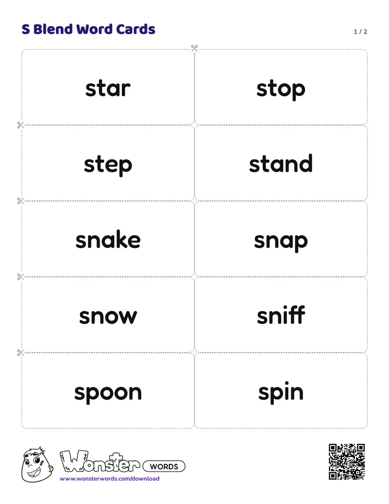Page 1 of the S Blend Word Cards worksheet (2 pages): 16 cards