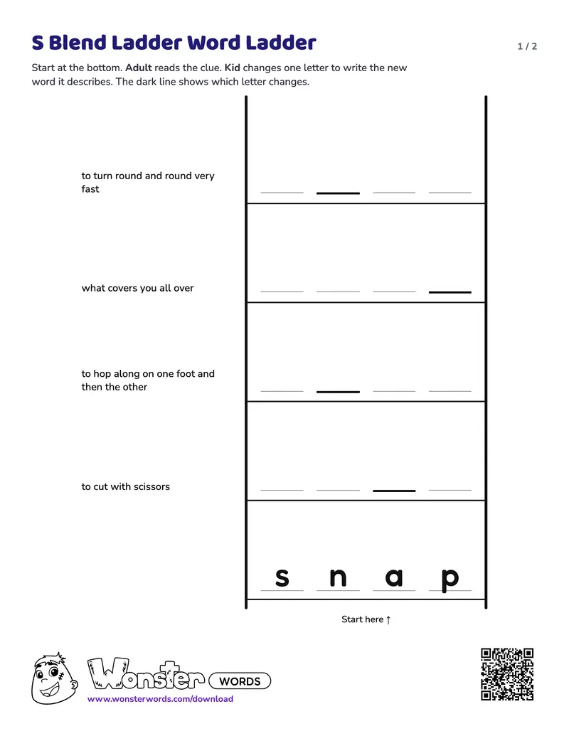 Page 1 of the S Blend Ladder Word Ladder worksheet (2 pages): 5 rungs, answer key included
