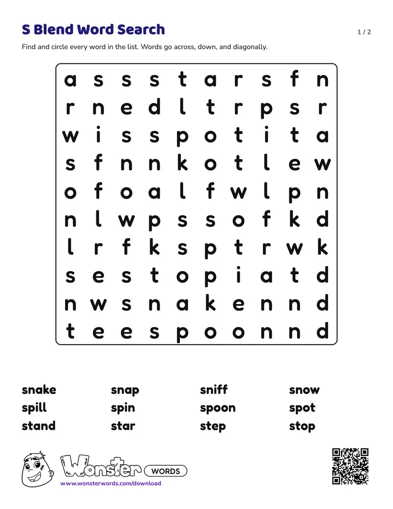 Page 1 of the S Blend Word Search worksheet (2 pages): 12 words, answer key included