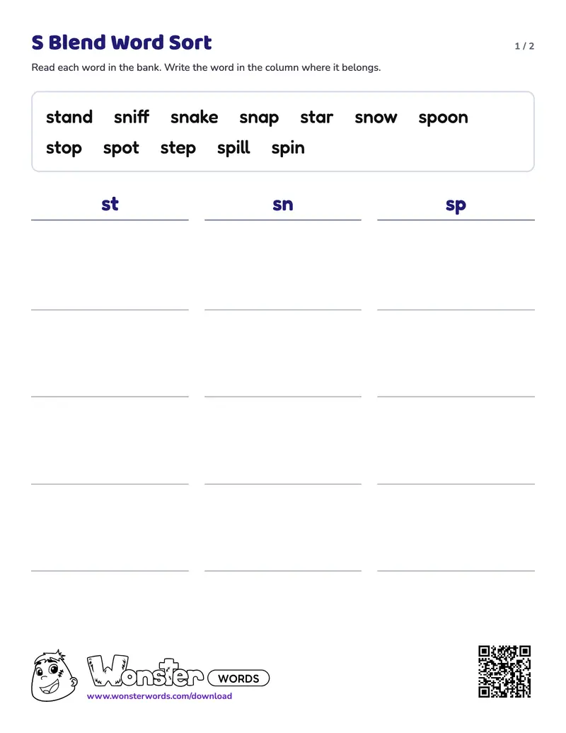 Page 1 of the S Blend Word Sort worksheet (2 pages): 12 words, answer key included
