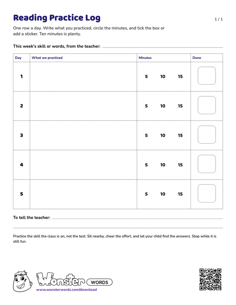 The Reading Practice Log worksheet: 5 days