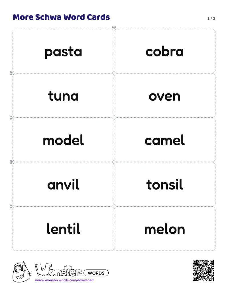 Page 1 of the More Schwa Word Cards worksheet (2 pages): 15 cards