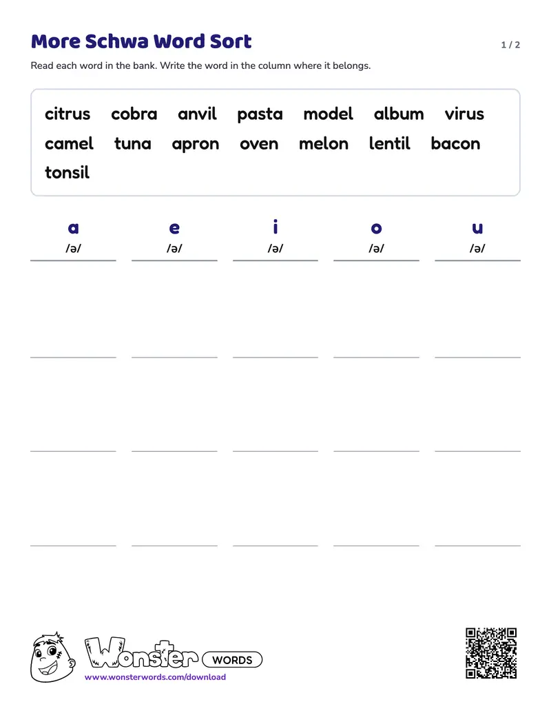 Page 1 of the More Schwa Word Sort worksheet (2 pages): 15 words, answer key included