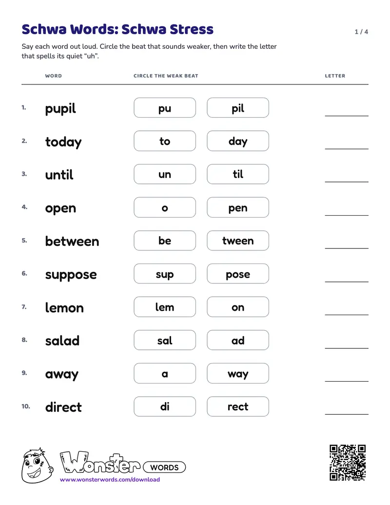 Page 1 of the Schwa Words: Schwa Stress worksheet (4 pages): 30 words, answer key included