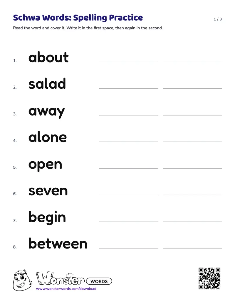 Page 1 of the Schwa Words: Spelling Practice worksheet (3 pages): 20 words