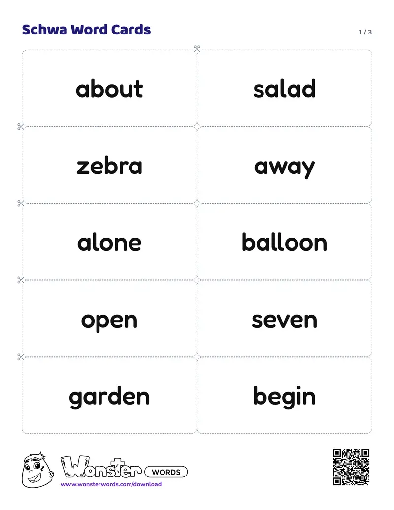Page 1 of the Schwa Word Cards worksheet (3 pages): 30 cards