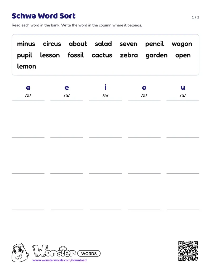 Page 1 of the Schwa Word Sort worksheet (2 pages): 15 words, answer key included