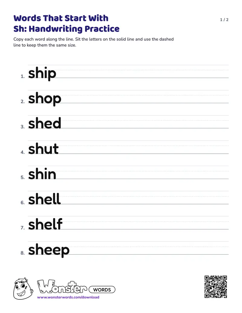 Page 1 of the Words That Start With Sh: Handwriting Practice worksheet (2 pages): 12 words