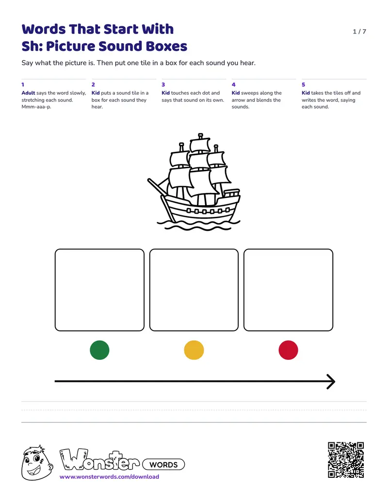 Page 1 of the Words That Start With Sh: Picture Sound Boxes worksheet (7 pages): 4 picture mats, answer key included