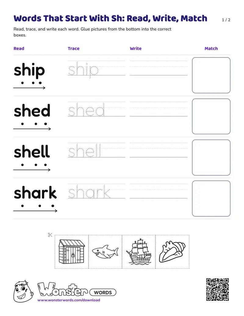 Page 1 of the Words That Start With Sh: Read, Write, Match worksheet (2 pages): 4 words, answer key included