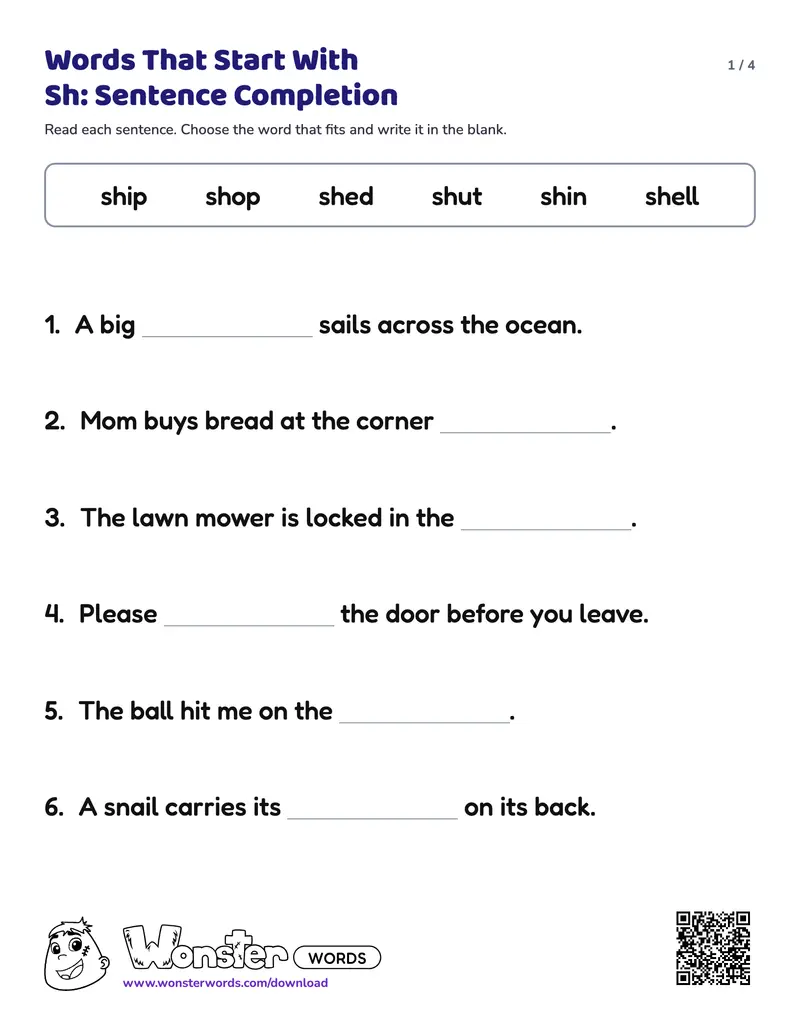 Page 1 of the Words That Start With Sh: Sentence Completion worksheet (4 pages): 12 sentences, answer key included