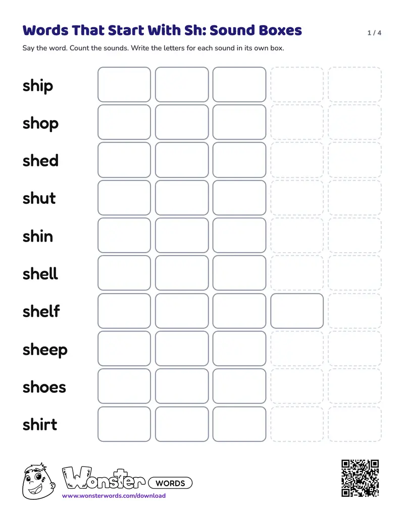 Page 1 of the Words That Start With Sh: Sound Boxes worksheet (4 pages): 12 words, answer key included