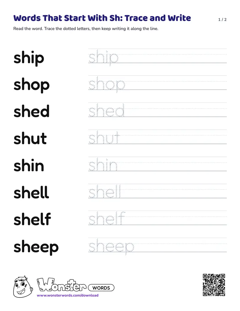 Page 1 of the Words That Start With Sh: Trace and Write worksheet (2 pages): 12 words