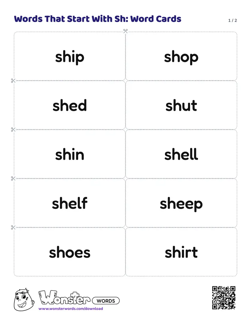 Page 1 of the Words That Start With Sh: Word Cards worksheet (2 pages): 12 cards