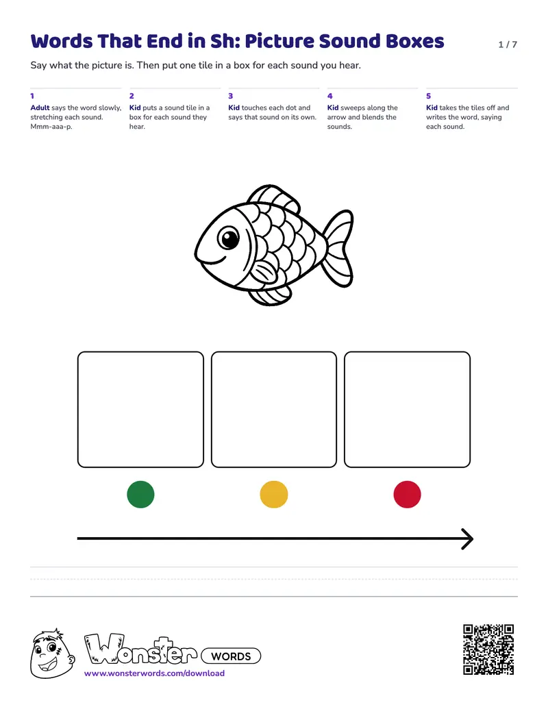 Page 1 of the Words That End in Sh: Picture Sound Boxes worksheet (7 pages): 4 picture mats, answer key included
