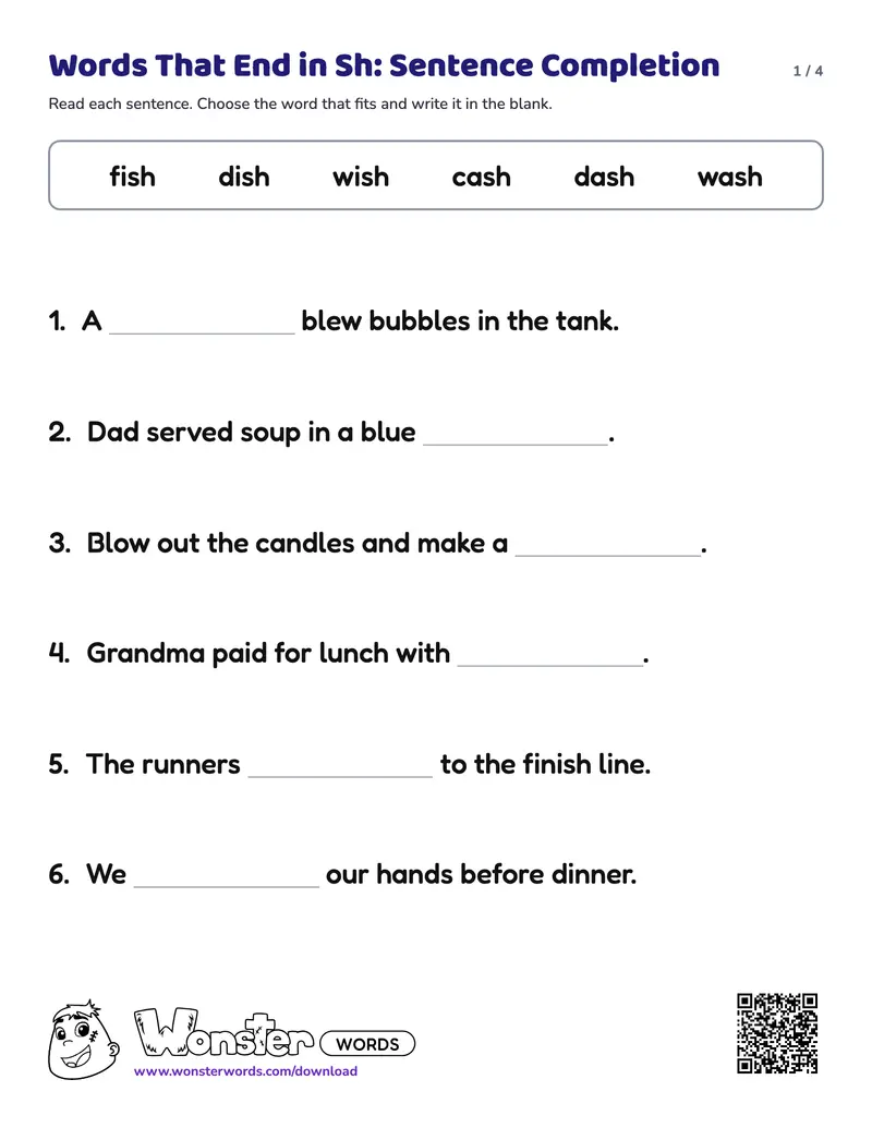 Page 1 of the Words That End in Sh: Sentence Completion worksheet (4 pages): 12 sentences, answer key included