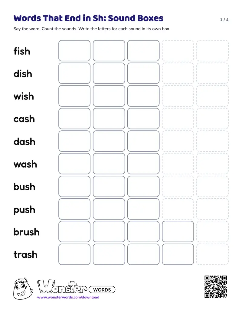 Page 1 of the Words That End in Sh: Sound Boxes worksheet (4 pages): 12 words, answer key included