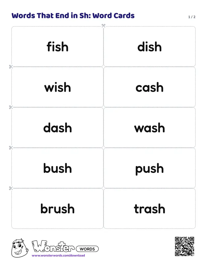 Page 1 of the Words That End in Sh: Word Cards worksheet (2 pages): 12 cards