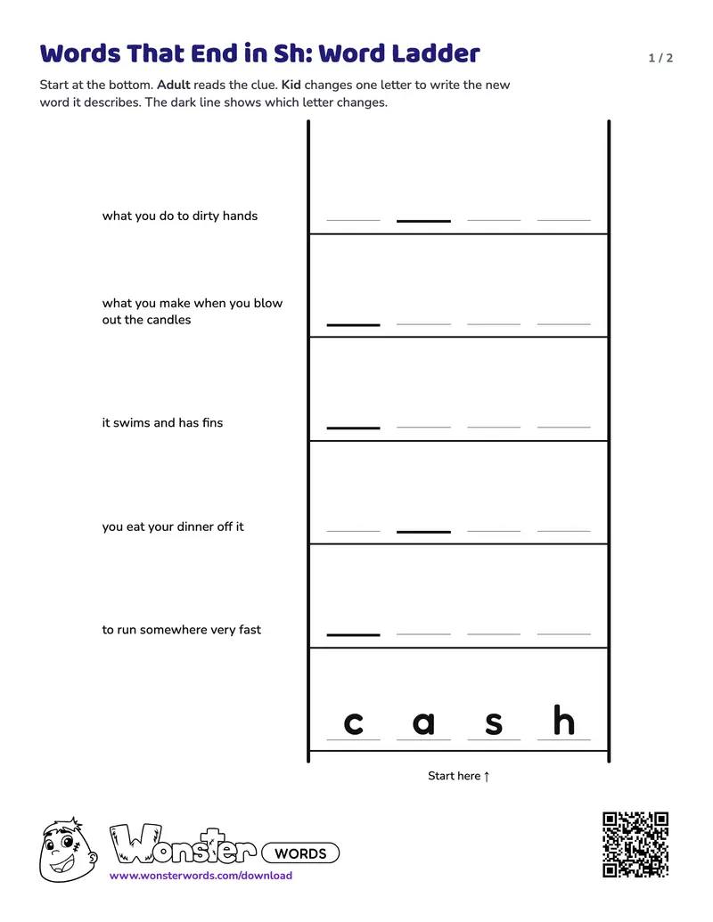 Page 1 of the Words That End in Sh: Word Ladder worksheet (2 pages): 6 rungs, answer key included
