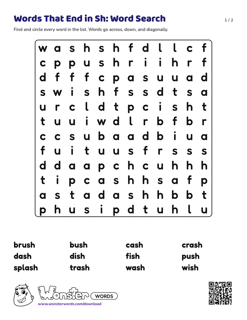 Page 1 of the Words That End in Sh: Word Search worksheet (2 pages): 12 words, answer key included