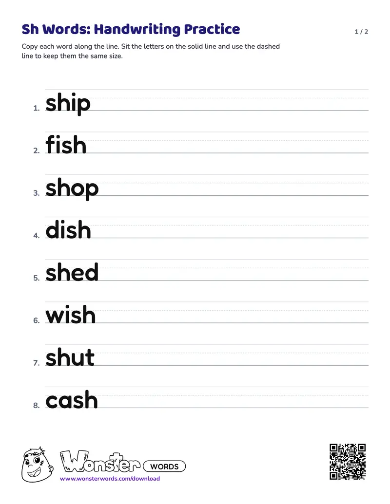Page 1 of the Sh Words: Handwriting Practice worksheet (2 pages): 16 words