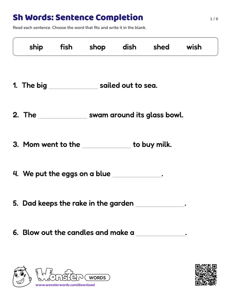 Page 1 of the Sh Words: Sentence Completion worksheet (6 pages): 16 sentences, answer key included