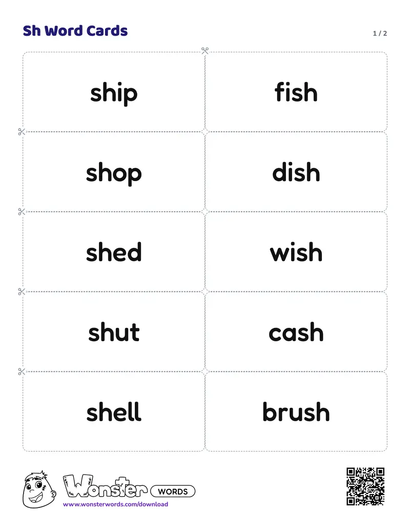 Page 1 of the Sh Word Cards worksheet (2 pages): 16 cards