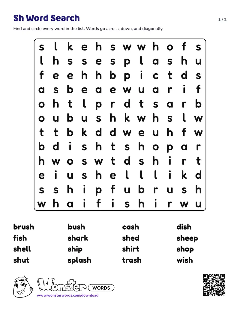 Page 1 of the Sh Word Search worksheet (2 pages): 16 words, answer key included