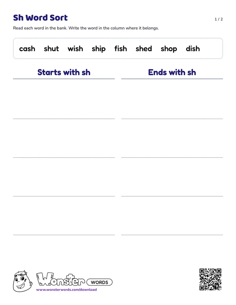 Page 1 of the Sh Word Sort worksheet (2 pages): 8 words, answer key included