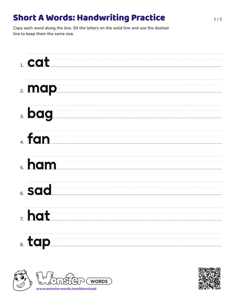 Page 1 of the Short A Words: Handwriting Practice worksheet (2 pages): 15 words