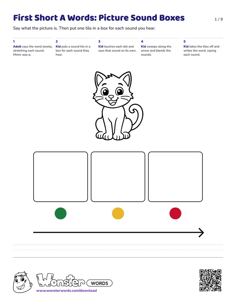 Page 1 of the First Short A Words: Picture Sound Boxes worksheet (9 pages): 6 picture mats, answer key included