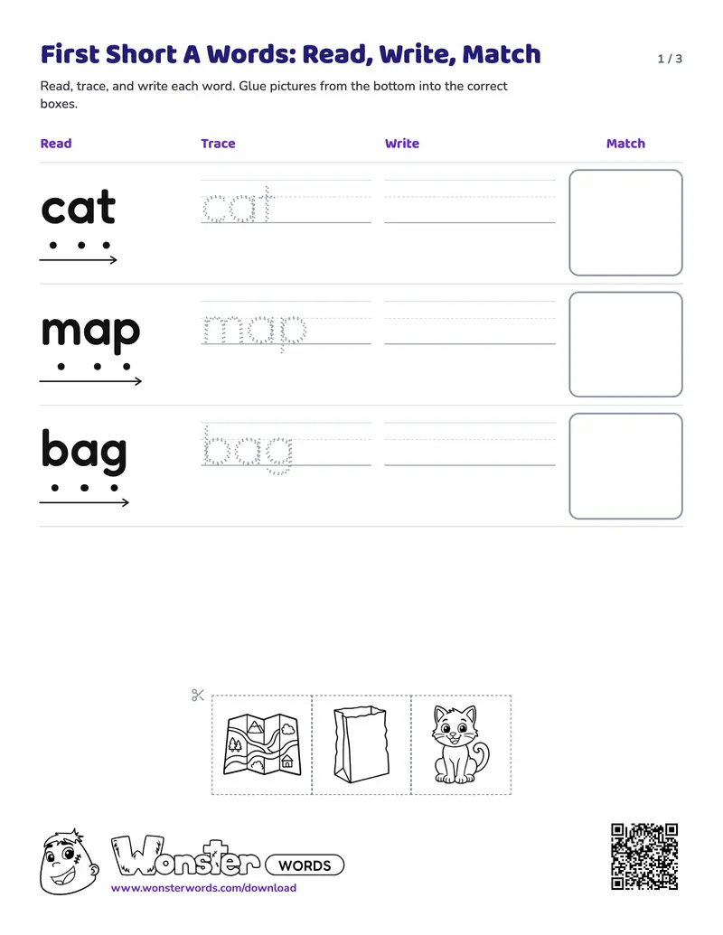Page 1 of the First Short A Words: Read, Write, Match worksheet (3 pages): 6 words, answer key included