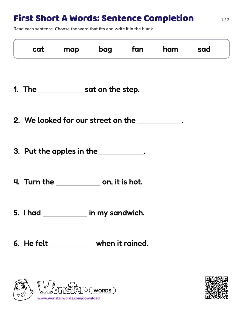 Page 1 of the First Short A Words: Sentence Completion worksheet (2 pages): 6 sentences, answer key included