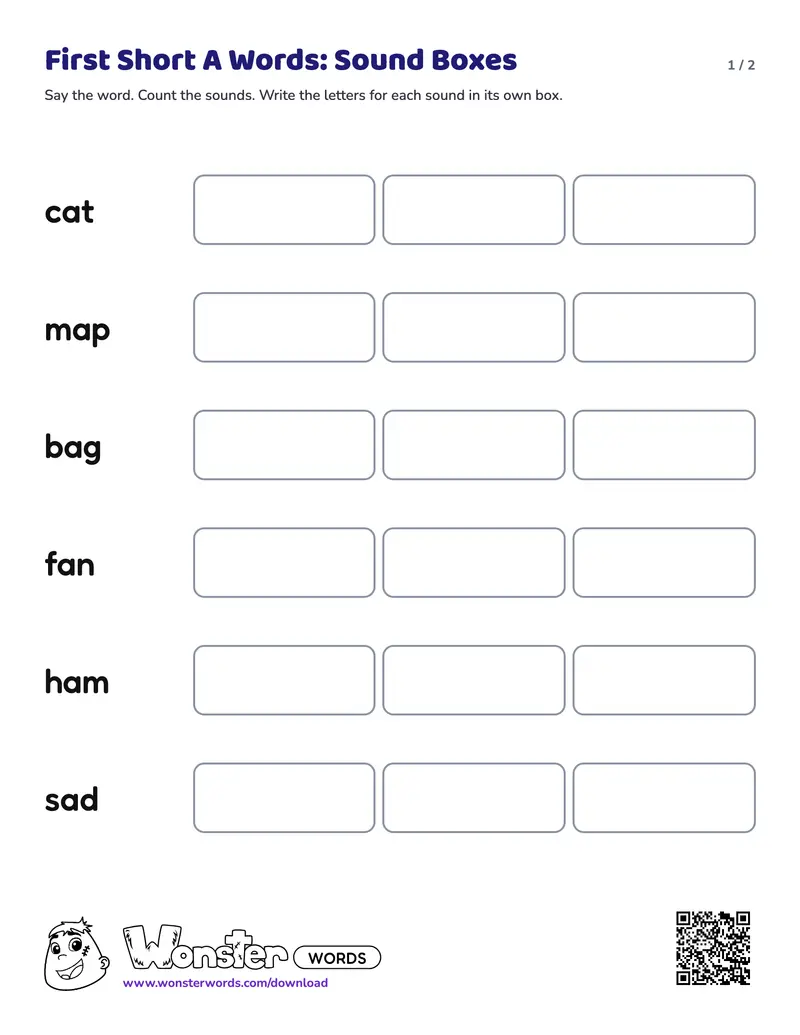 Page 1 of the First Short A Words: Sound Boxes worksheet (2 pages): 6 words, answer key included