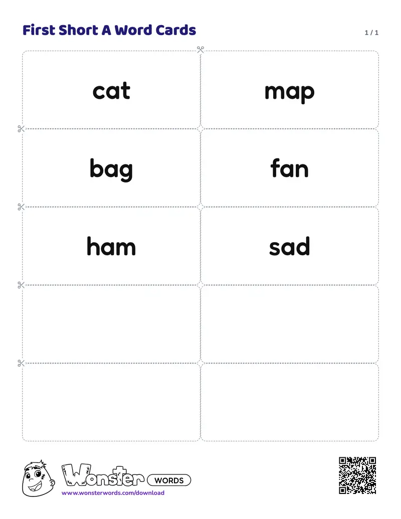 The First Short A Word Cards worksheet: 6 cards