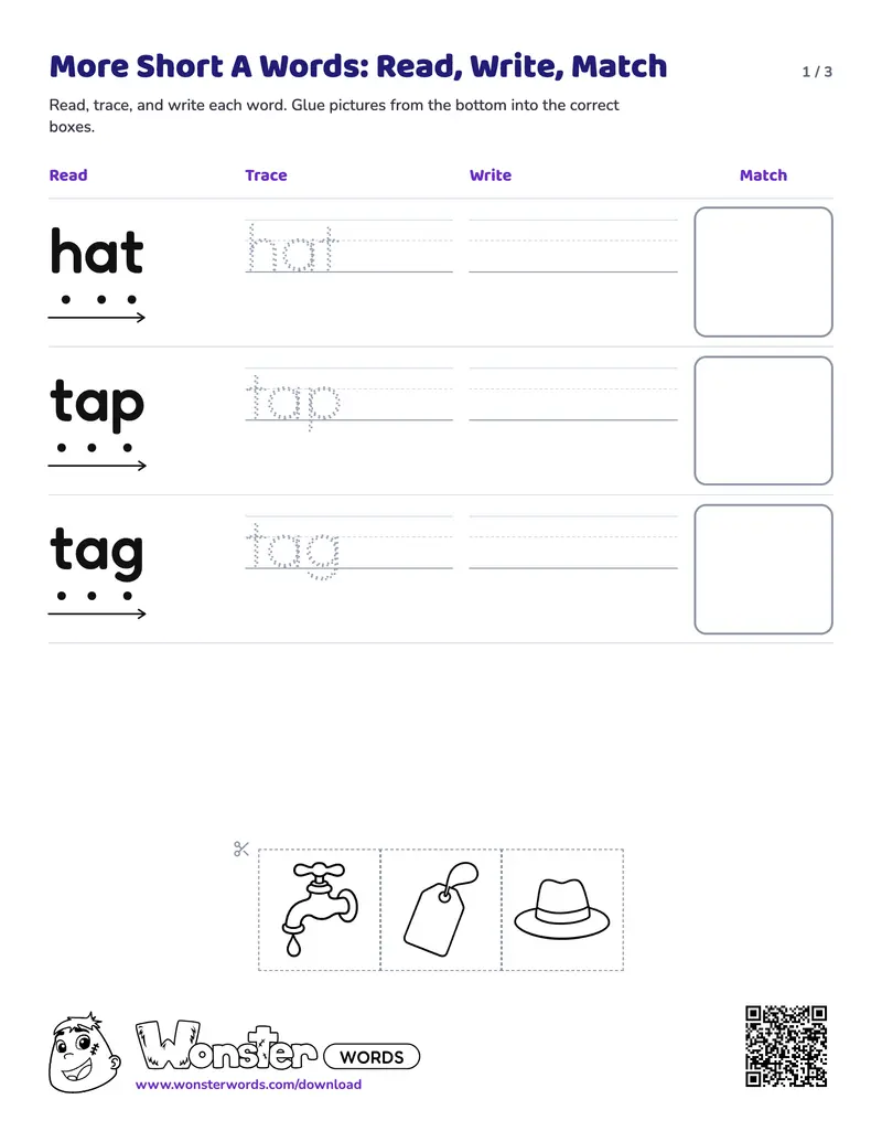 Page 1 of the More Short A Words: Read, Write, Match worksheet (3 pages): 6 words, answer key included