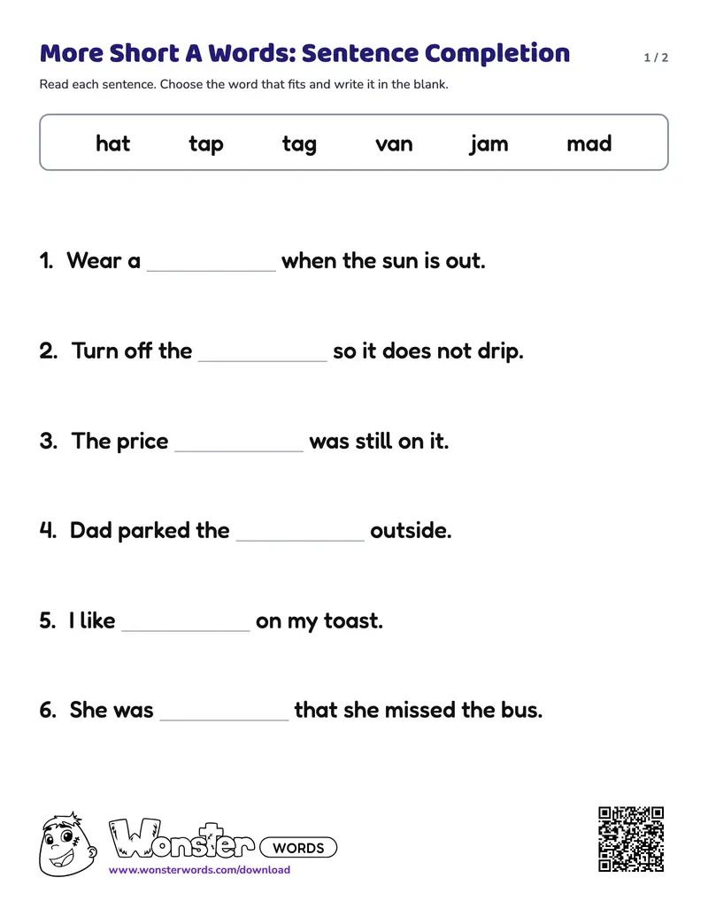 Page 1 of the More Short A Words: Sentence Completion worksheet (2 pages): 6 sentences, answer key included