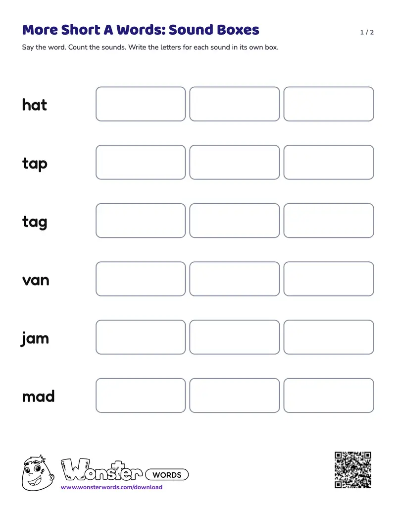 Page 1 of the More Short A Words: Sound Boxes worksheet (2 pages): 6 words, answer key included